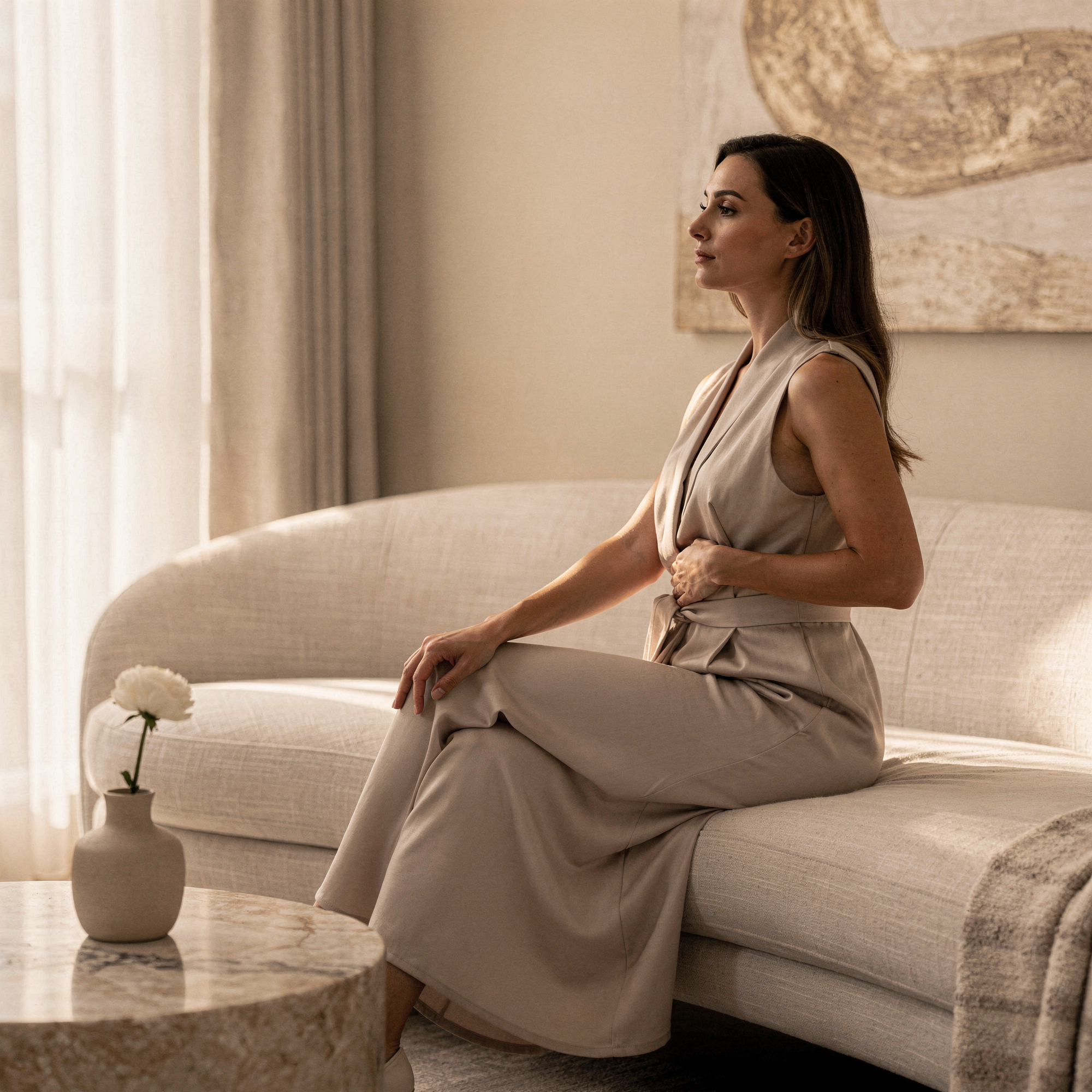 Woman sitting on a beige sofa in a sunlit room, considering breast implant removal